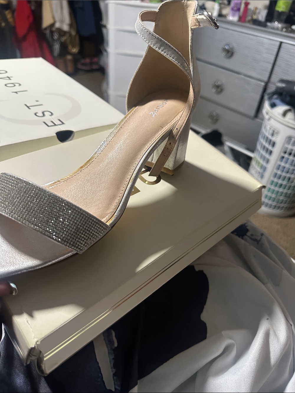Women's Silver Ankle-Strap Block Heel Sandals